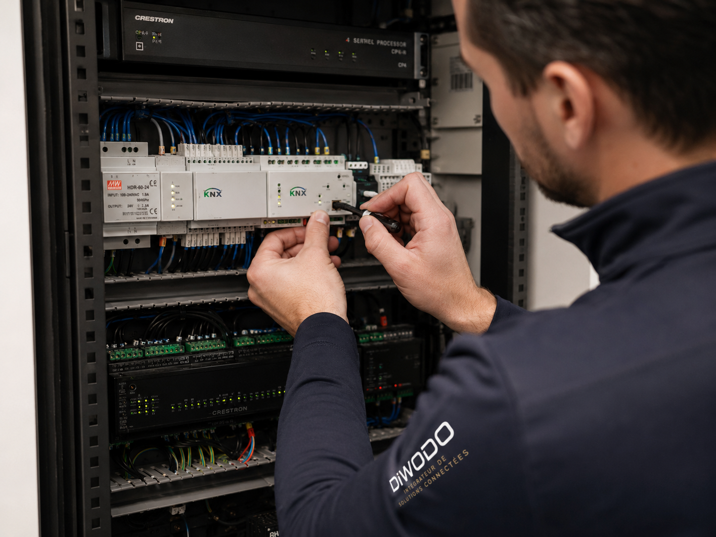 Technicien Diwodo câblant une armoire pour le bâtiment connecté et intelligent, KNX et Crestron
