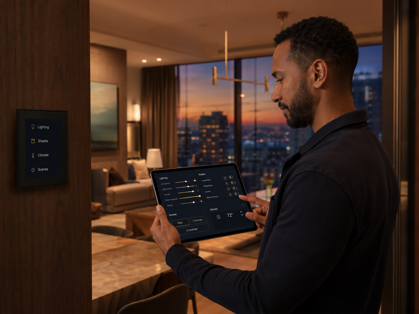 Intérieur haut de gamme connecté, une personne pilote l'ambiance depuis une tablette