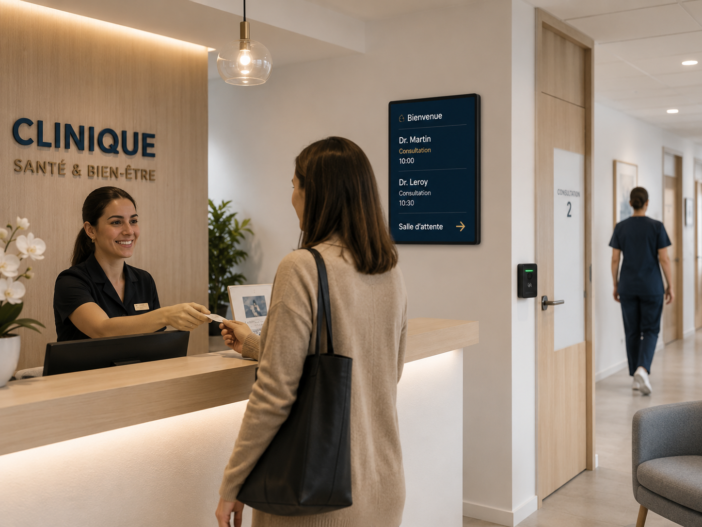 Espace médical clair, accueil et contrôle d'accès